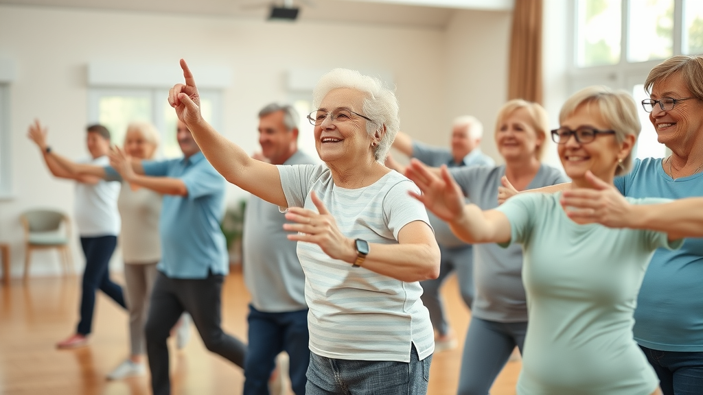 Active older adults participating in gentle group exercise class - doctor regularly and active living for older adults