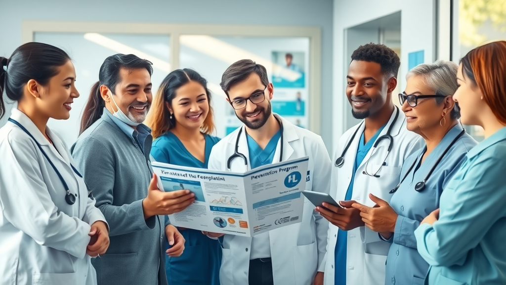 Healthcare professionals and patient discussing chronic disease prevention program in a clinic.