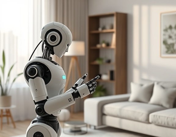 innovative wellness robotics, thoughtful and supportive, assisting in daily activities, photorealistic, modern home interior with minimalistic design, highly detailed, robotic arms performing tasks, ultra high-definition, soft pastels, diffused sunlight, shot with a 35mm lens.