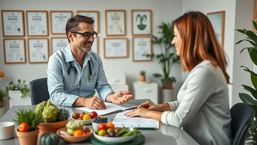 nutrition and wellness career confident nutritionist consulting with client about meal plans in a modern wellness office