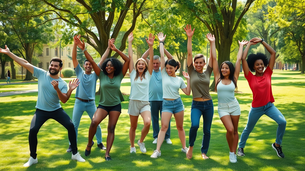 Diverse group enjoying physical activity in the park for preventive health