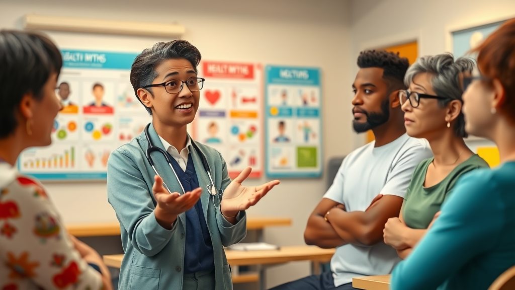 Thoughtful health professional explaining health myths to diverse group - debunking health by age myths and mental health
