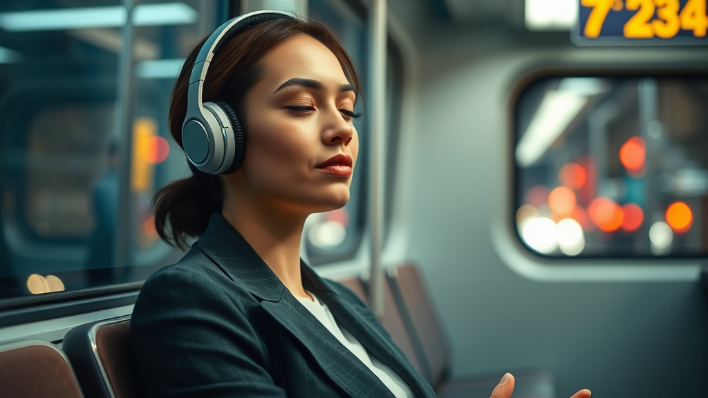 Young professional practicing mindfulness meditation while commuting on urban train