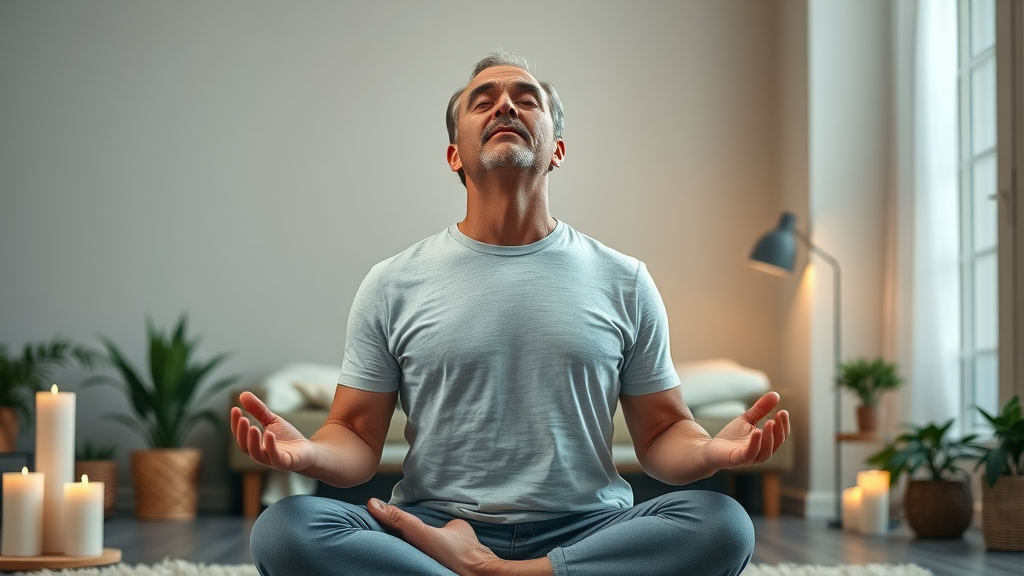 Middle-aged man practicing guided mindfulness meditation for instant calm in a serene indoor setting