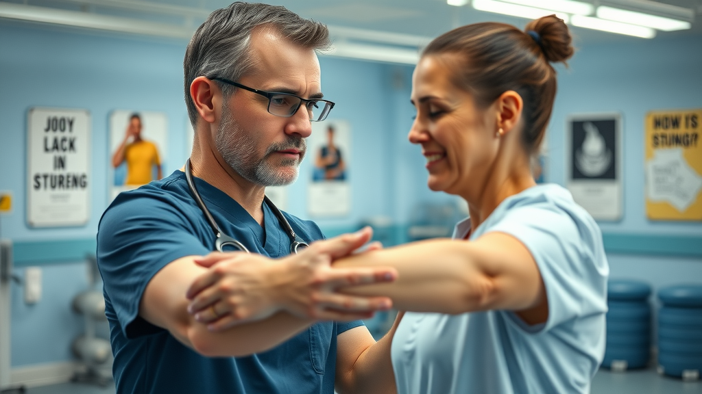 dynamic physical therapist guiding a patient through therapeutic exercise, physical therapy in wellness center