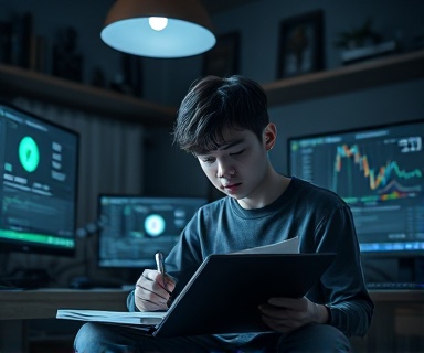 teenager, concentrated expression, taking notes in a remote study environment, photorealistic, cozy bedroom setup with multiple screens and study materials, highly detailed, subtly animated notification panels, 8K, cool grayscale, overhead lamp lighting, shot with a 100mm macro lens.