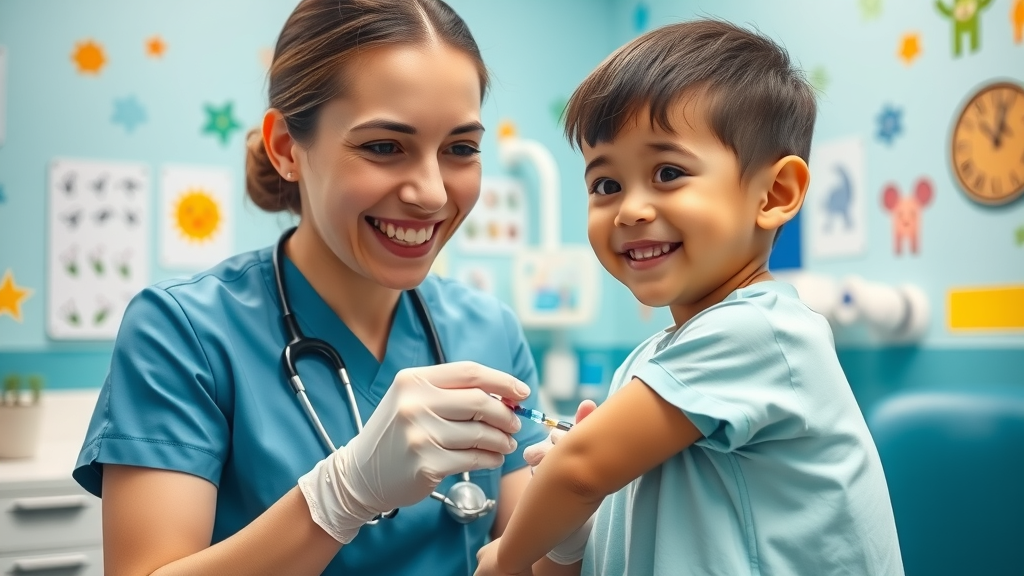 preventive health by age, pediatrician giving vaccination to happy child in child-friendly clinic