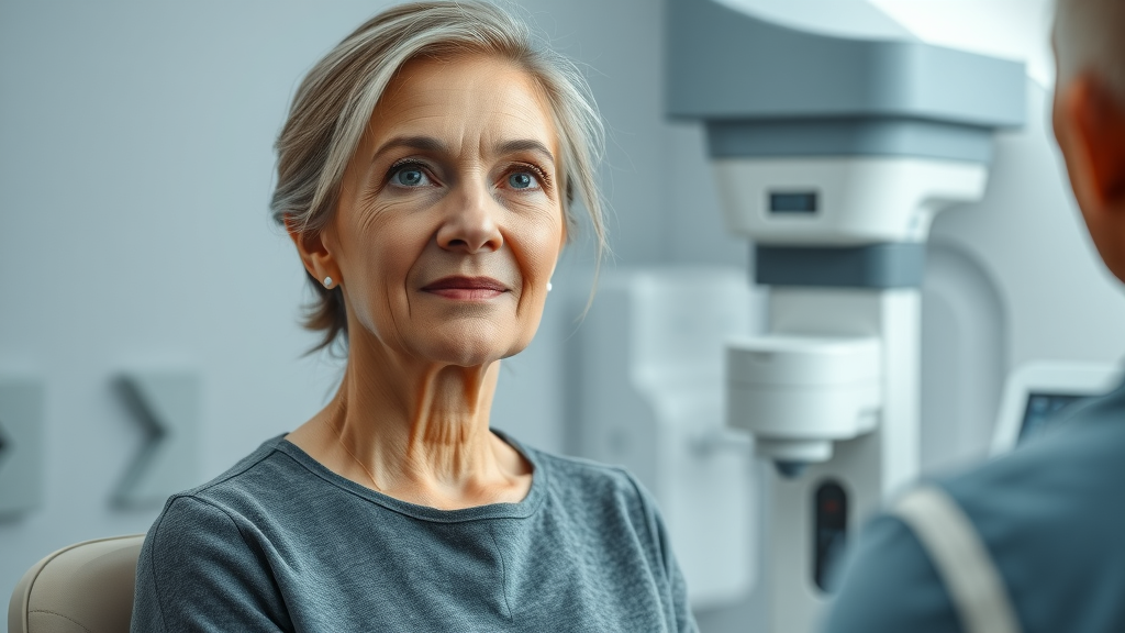 preventive health by age, mature woman undergoing mammogram in modern clinic for breast cancer screening
