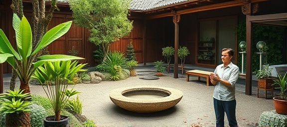 holistic wellness integration, calming and seamless, merging traditional and modern practices, photorealistic, zen garden with digital enhancements, highly detailed, practitioners blending tech with nature, sharp focus, natural greens and browns, gentle diffused lighting, shot with a 24mm lens.