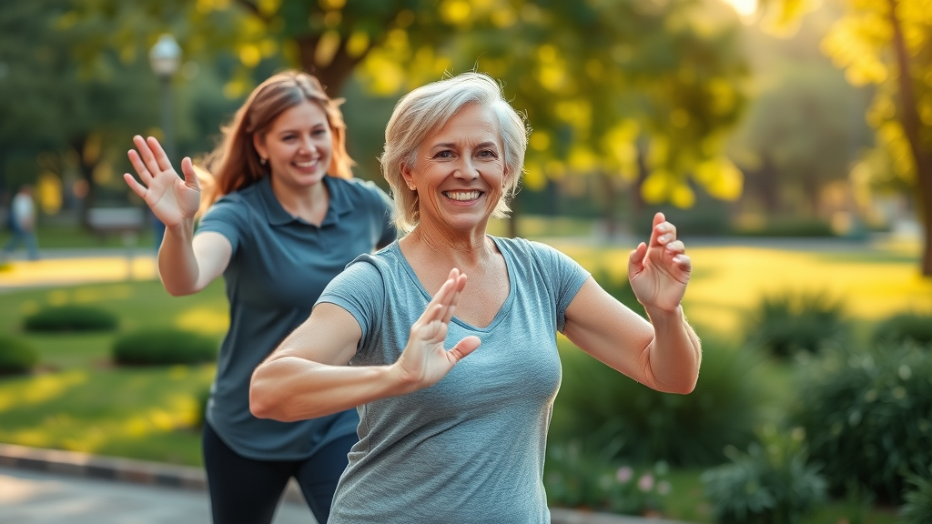 enthusiastic middle-aged woman exercising outdoors with wellness coach guiding in a sunny park, wellness coaching in action