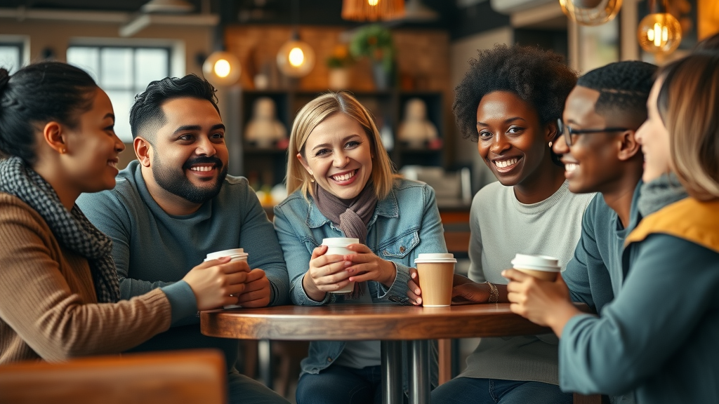 Supportive friends having open conversation about mental health at cozy café