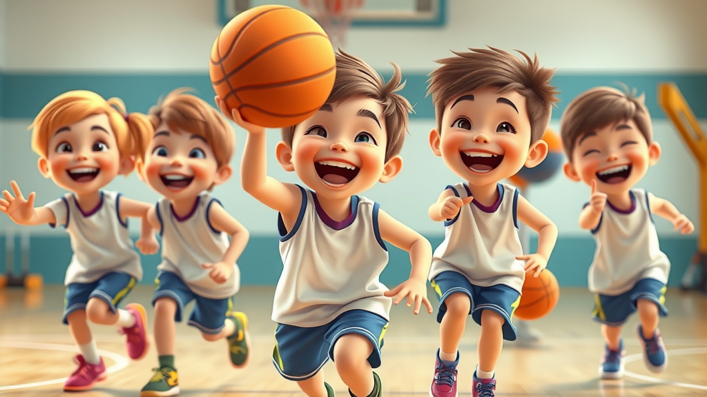 children and young people playing basketball and laughing in a colorful school gymnasium, featuring sports equipment and dynamic playful movement