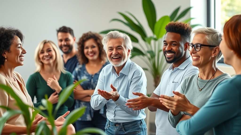 vibrant diverse group of adults engaging in a wellness workshop, wellness coaching, modern conference room with plants and natural light