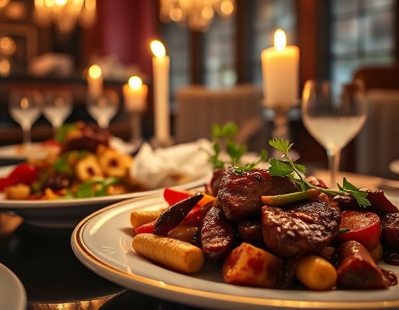 succulent nutrition meal, inviting, being served on elegant plates, photorealistic, lavish restaurant ambiance with candlelight, highly detailed, flicker of candle flame, portrait lens, deep reds and golds, ambient lighting, shot with an 85mm lens.