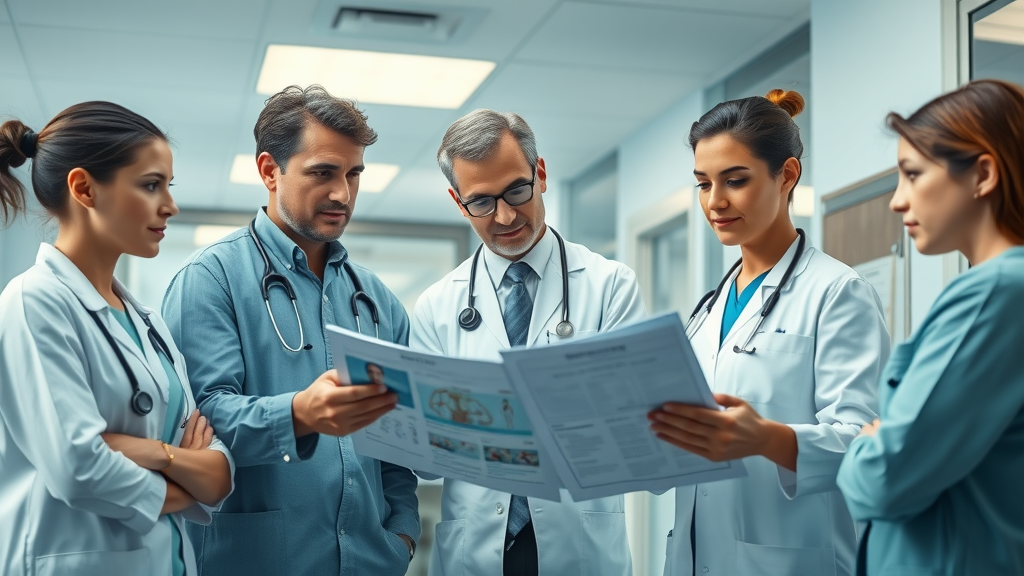 Dedicated healthcare team collaborating over patient records to provide chronic condition support and education in a hospital meeting room with medical charts