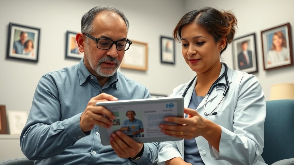 engaged doctor and patient using tablet to review family health history in clinical office