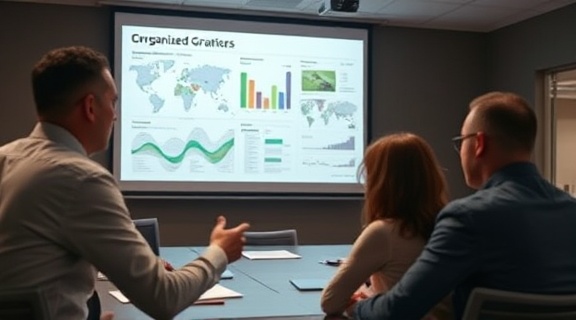 organized grams consultant, presenting findings, guiding a team, photorealistic, conference room with a large screen displaying infographics, highly detailed, projector fan whirring, 70-200mm lens, muted colors, projector illumination, shot with a Canon EF 70-200mm f/2.8L IS III USM lens.