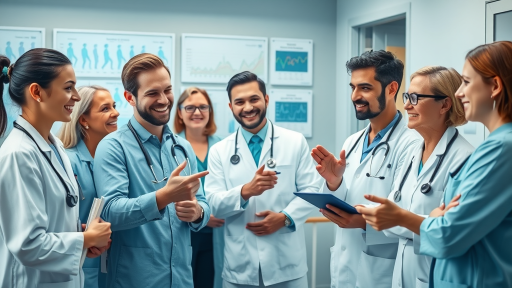 modern healthcare professionals discussing preventive healthcare strategies, digital health charts, diverse team collaboration, hospital meeting room