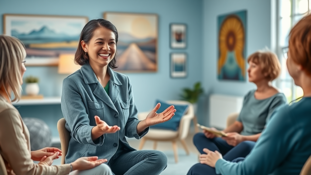 mental health professional leading relaxation self-care strategies guided group therapy room