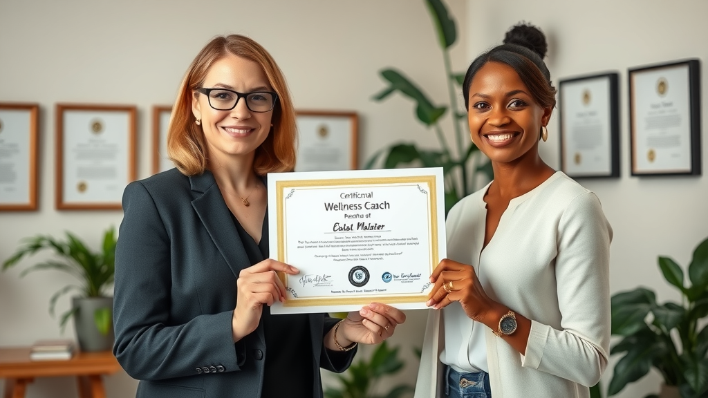 professional wellness coach holding official certification beside client in a formal office, national board certified wellness coach