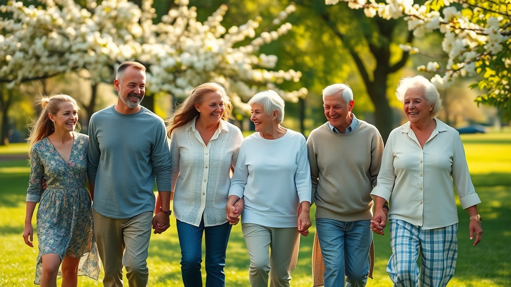 inspiring multi-generational family walking hand-in-hand through sunlit park representing healthcare across lifespan