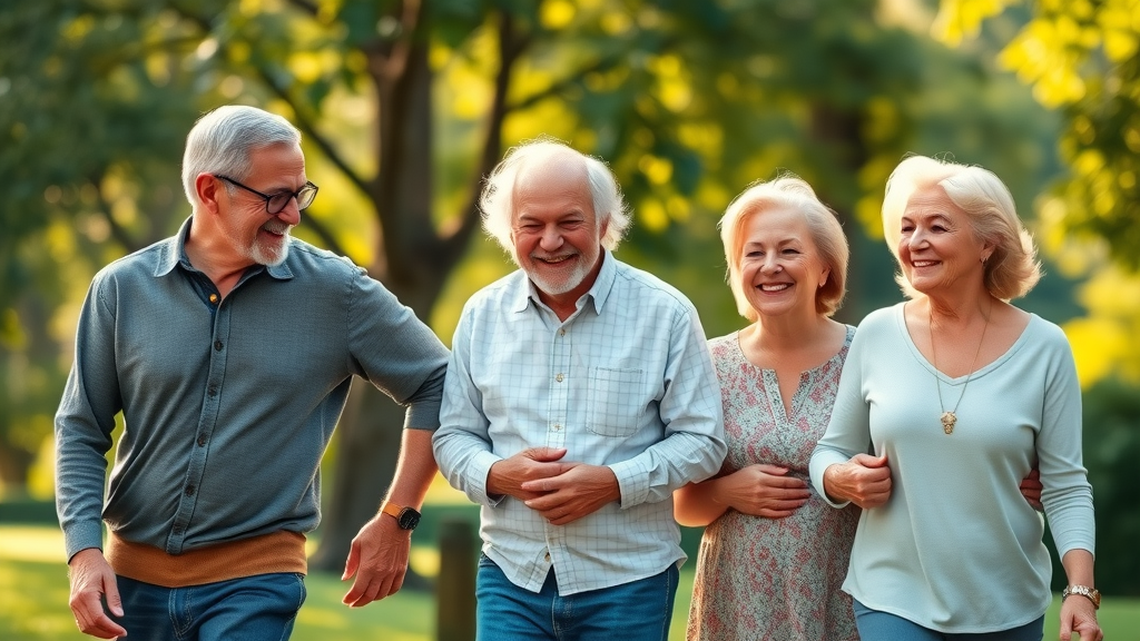 Multigenerational family walking together in a lush park, representing age-related health concerns and well-being