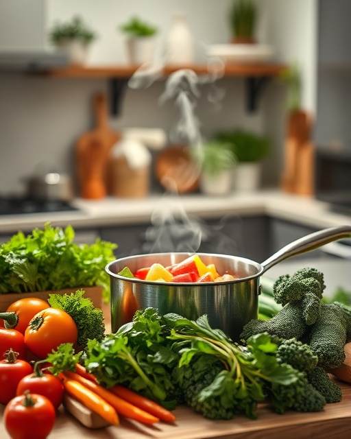 balanced wellness routine, focused, cooking healthy meal, photorealistic, modern kitchen with fresh herbs and vegetables laid out, highly detailed, steam rising from a pot, f/4.0 aperture for depth, vibrant colors, natural diffused lighting, shot with an 85mm lens