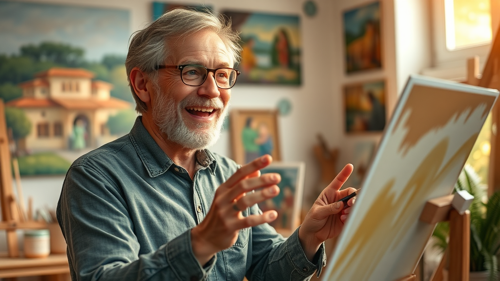 chronic illness coping: cheerful person painting at home, enjoying creative hobbies