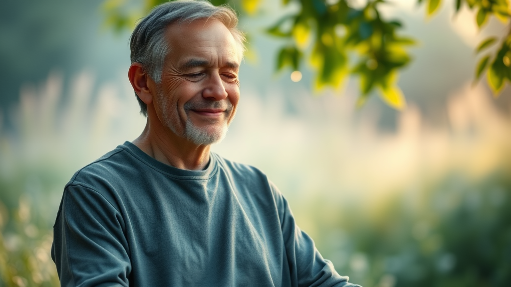 middle-aged person meditating peacefully in a garden, practicing mindfulness for stress management techniques