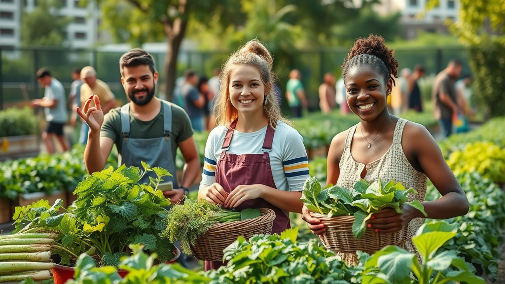 Hopeful volunteers harvesting fresh produce in a flourishing urban community garden as part of community wellness projects for health equity and food access