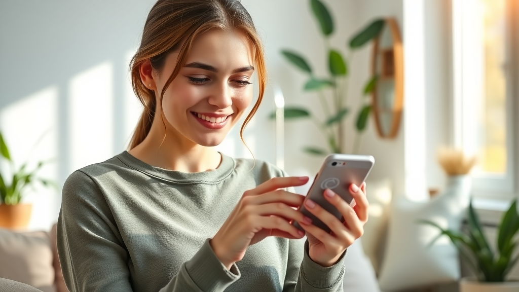 Young woman tracking health improvement on smartphone for chronic disease prevention.
