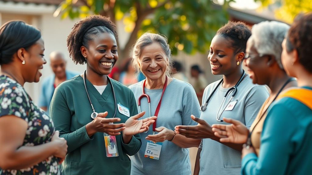 Inspirational community health workers collaborating with residents in a vibrant community setting