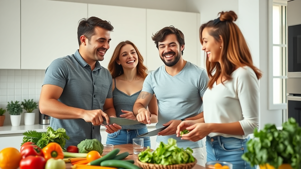 Energetic young adults preparing a healthy meal together in a modern kitchen - physical activity and healthy eating in early adulthood