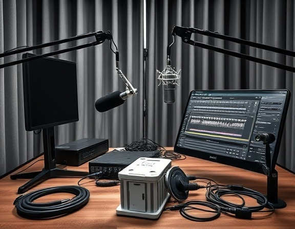 sleek podcast equipment, organized, ready for recording, photorealistic, on a wooden desk with a backdrop of soundproof curtains, highly detailed, cables and connections visible, close-up perspective, monochrome, soft studio lighting, shot with a 50mm lens