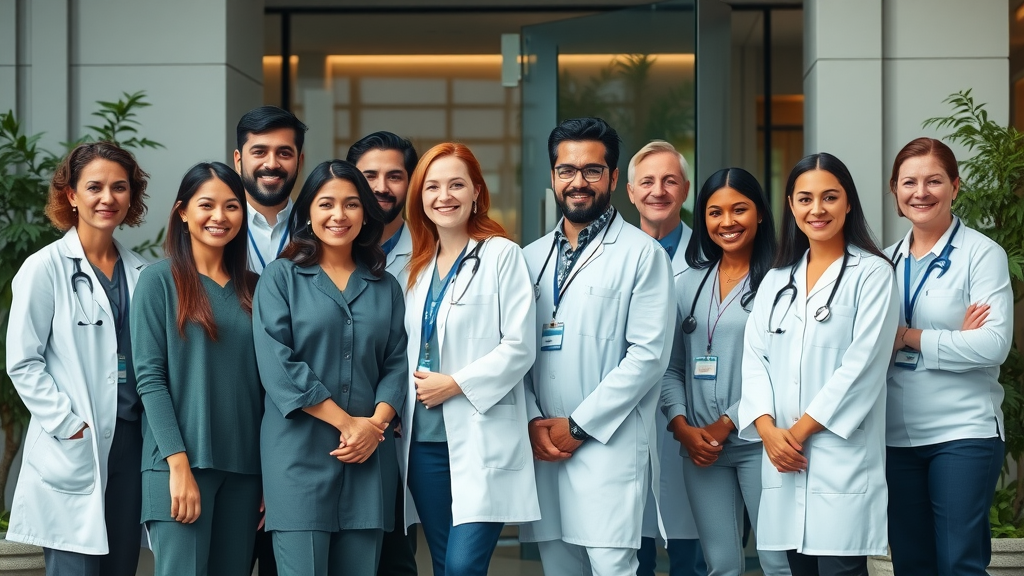 diverse group of mental health professionals at a modern clinic entrance, ready to provide therapy and counseling services, approachable and confident, highly detailed