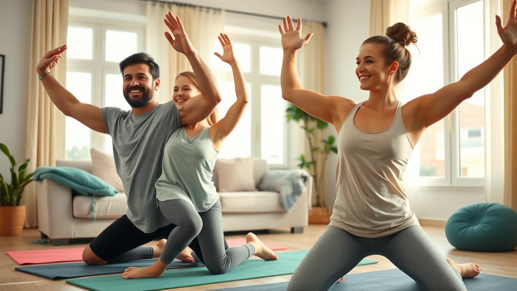 active family participating in a cheerful living-room workout, demonstrating customized physical activity by age group in a supportive home environment