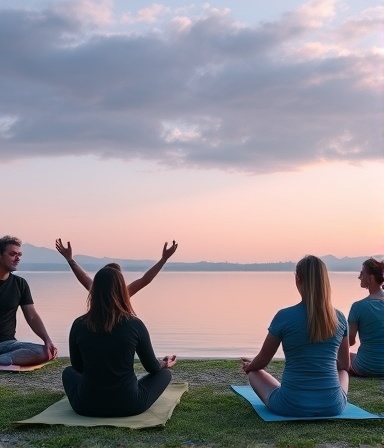 joyful health lifestyle coach, enthusiastically leading a group meditation session, photorealistic, beside a tranquil lakeside, with serene water reflections, people seated on yoga mats, evocative cloud patterns overhead, pastel palette, soft ambient lighting, shot with a telephoto lens.