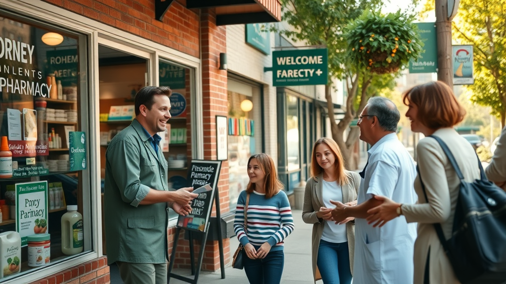 vibrant neighborhood pharmacy exterior welcoming pharmacist greeting a family local triangle independent pharmacies high fidelity lifelike warm tones