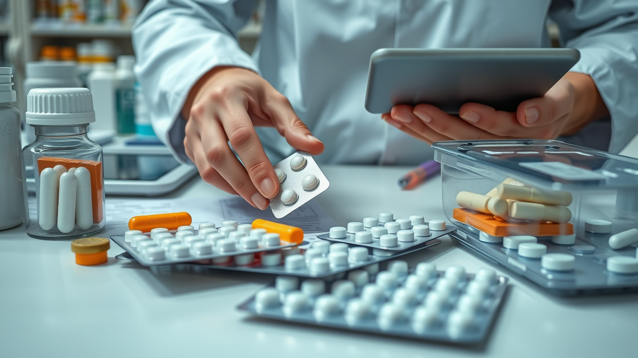 organized pill packaging and medication management tools pharmacist preparing multi-dose blister packs local independent pharmacy triangle community pharmacies medication adherence