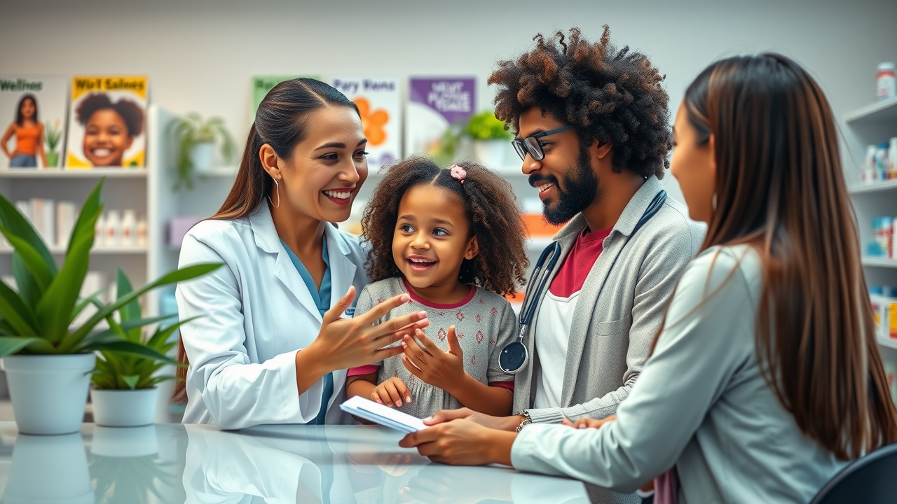 approachable pharmacist assisting a diverse family local triangle independent pharmacy wellness tips community pharmacies medication counseling photorealistic lifelike