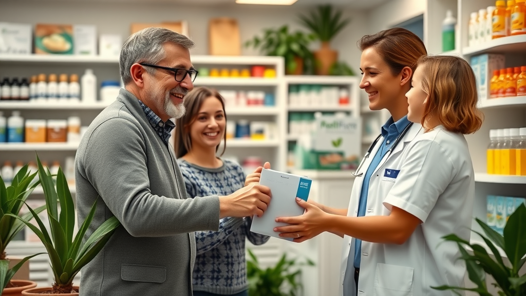 inviting family interacting with trusted local pharmacist triangle independent pharmacy warm golden hour shelves plants