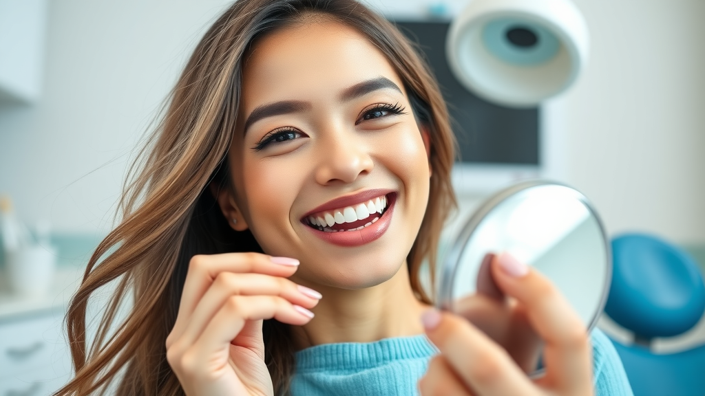 Radiant young woman smiling confidently in a modern dental office, 5 secrets to a healthier, whiter smile that triangle dentists want you to know