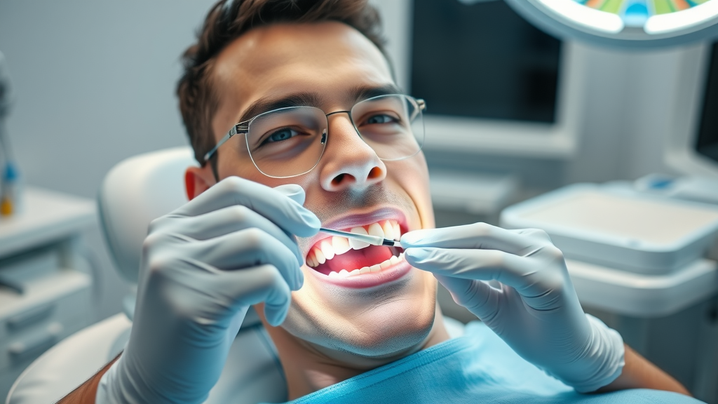 Professional dentist providing teeth whitening procedure in a modern Triangle dental office, professional teeth whitening for a whiter smile