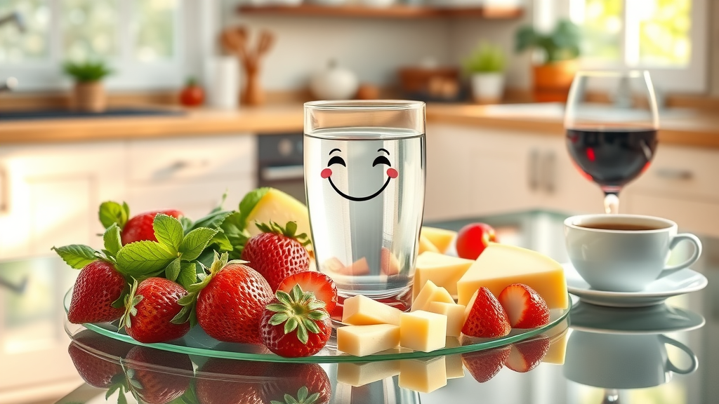 Healthy foods for a whiter smile: strawberries, apples, cheese, and water; coffee and red wine to avoid for a healthier smile