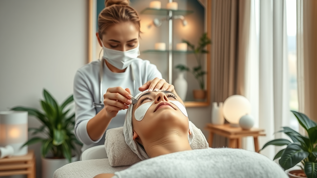 elegant modern med spa interior showing serene facial treatment in progress. Client looks relaxed while an esthetician gently applies a facial mask, highlighting the calming and stylish spa décor at a Triangle med spa in 2025.