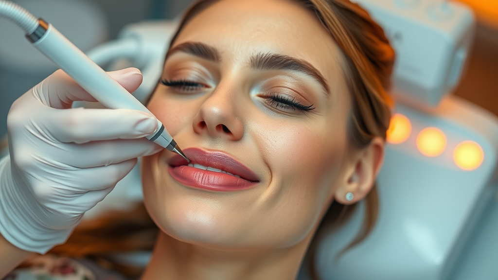 vibrant close-up of woman receiving hydrafacial at a Triangle med spa. She has radiant, refreshed skin as a technician delicately uses a hydrafacial wand in a sparkling clean spa environment.
