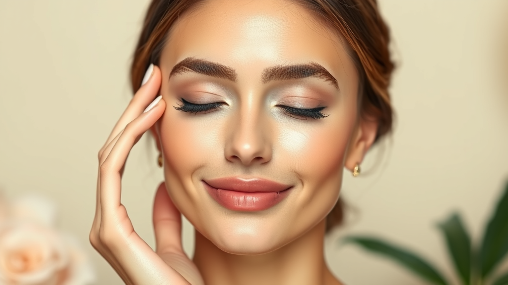 glowing woman post-chemical peel, calm and confident, gently touching her flawless cheek at a chic Triangle med spa. Her radiant skin reflects the healthy glow delivered by modern chemical peels.