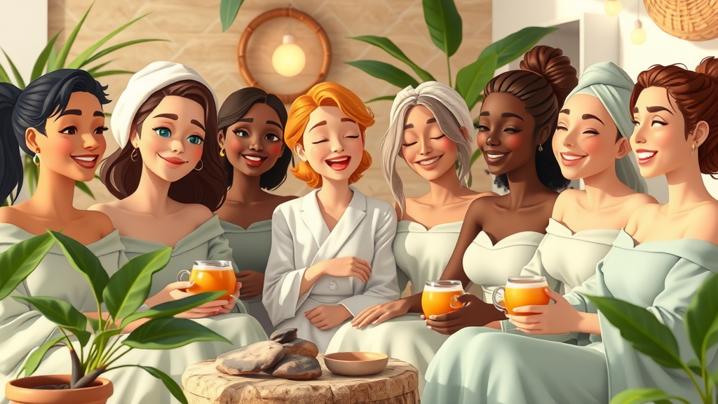 peaceful group of diverse women post-treatment, glowing complexions and laughter in a spa lounge, symbolizing holistic beauty and connection at Triangle med spas in 2025.