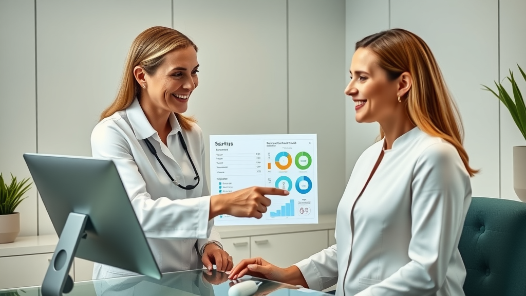 sophisticated spa consultant and client reviewing digital charts for a customized treatment plan at a private Triangle med spa. Both are smiling and engaged, reflecting trust and expertise.