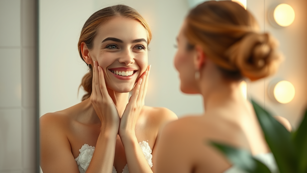 triumphant woman admiring her refreshed appearance in the mirror after a med spa treatment at a Triangle spa, radiating confidence and joy in a minimalist, elegant setting.